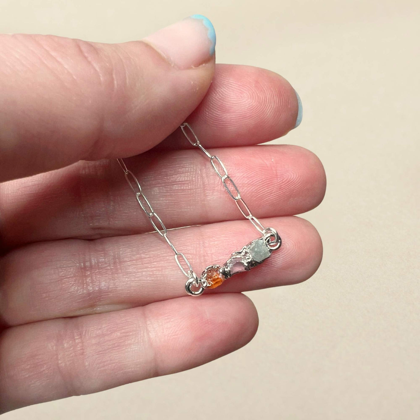 Orange Garnet, Rose Quartz, Moonstone Necklace - Silver - SS01