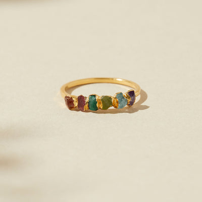 Rainbow Gemstone Ring with Colorful Raw Crystals and Gold Band
